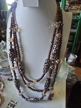 Multi-Strand Brown and Cream Beaded Statement Necklace